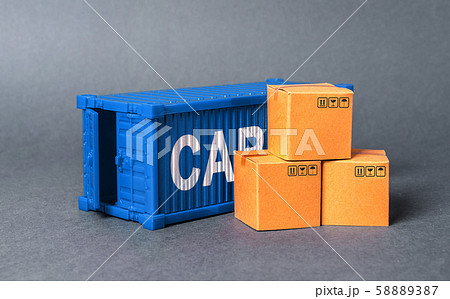 Blue cargo container with boxes. The concept of commerce and trade, cargo delivery, exchange of goods. Globalization. Performance efficient production. Business and industry, transport infrastructure. 58889387