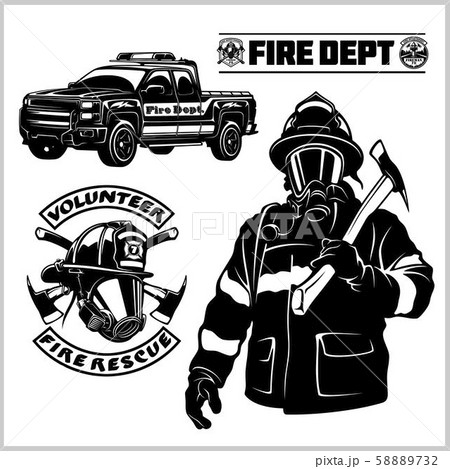 Fire department vector set - fireman s and emblems - badges, elements. Fire department vector set - fireman s and emblems - badges, elements. 58889732