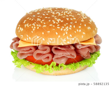 Big burger with twisted meat on white background 58892135