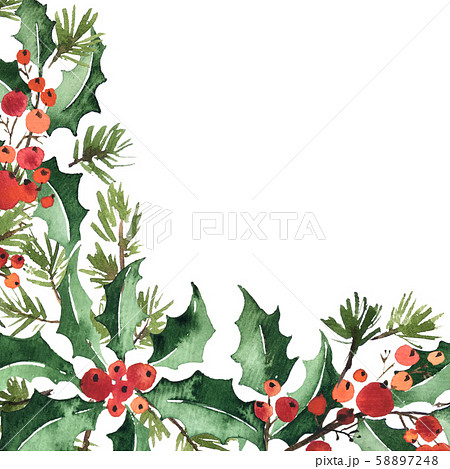 Christmas watercolor corner arangement of holly, Christmas watercolor corner arangement of holly, 58897248
