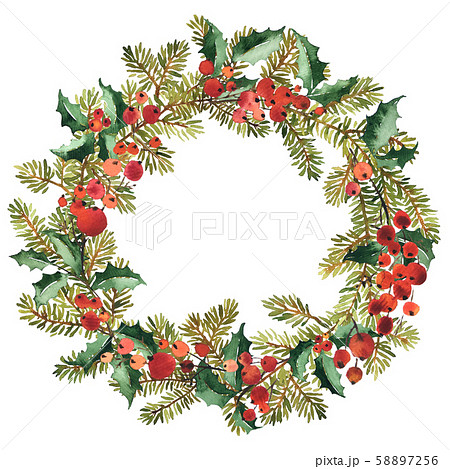 Watercolor wreath of spruce with holly berries for Watercolor wreath of spruce with holly berries for 58897256