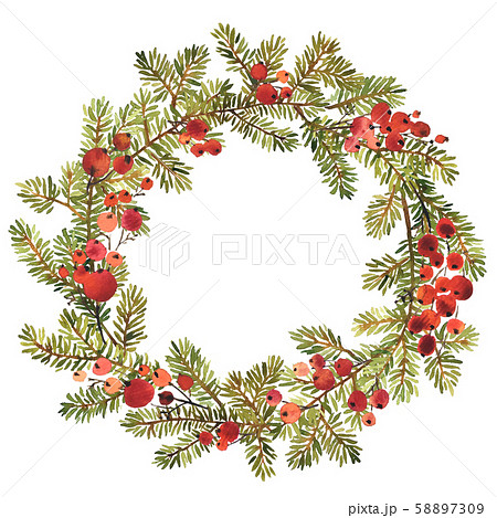 Watercolor wreath of spruce and red holly berries 58897309