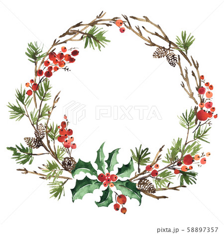 Watercolor Christmas wreath of spruce, pine cones 58897357