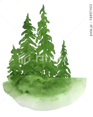 Watercolor green silhouettes of pine trees. Watercolor green silhouettes of pine trees. 58897403
