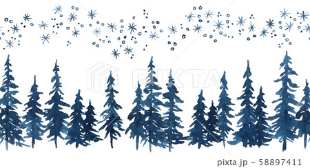 Watercolor indigo blue pine trees and snowflakes. Watercolor indigo blue pine trees and snowflakes. 58897411