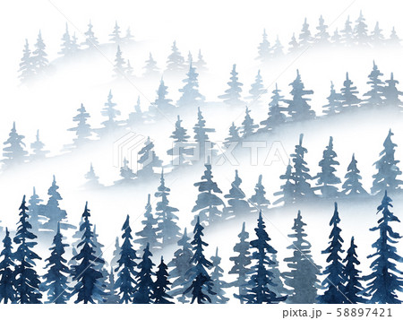 Watercolor misty pine trees landscape. Christmas 58897421
