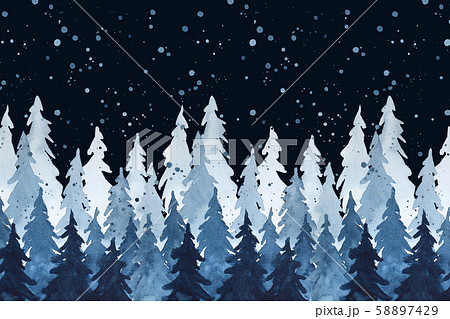 Watercolor indigo blue pine trees and snowfall in Watercolor indigo blue pine trees and snowfall in 58897429