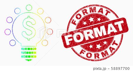 Vector Rainbow Colored Dot Dollar Light Bulb Icon and Scratched Format Stamp Seal 58897700