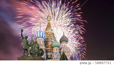 Fireworks over the Cathedral of Intercession of Most Holy Theotokos on the Moat ( Temple of Basil the Blessed), Red Square, Moscow, Russia 58897731