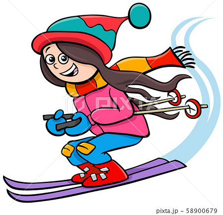 happy girl character on ski cartoon illustration 58900679