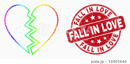 Vector Spectral Dot Broken Heart Icon and Distress Fall in Love Stamp Seal 58905640