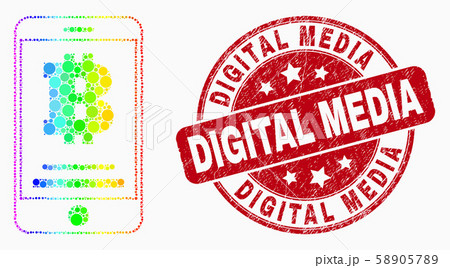 Vector Bright Dotted Bitcoin Mobile Account Icon and Grunge Digital Media Stamp Seal Vector Bright Dotted Bitcoin Mobile Account Icon and Grunge Digital Media Stamp Seal 58905789