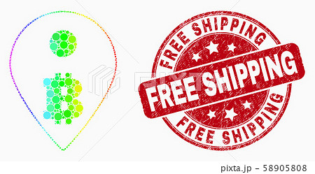 Vector Bright Pixel Bitcoin Map Marker Icon and Grunge Free Shipping Watermark 58905808