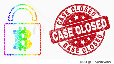 Vector Rainbow Colored Pixel Bitcoin Lock Icon and Scratched Case Closed Seal 58905809