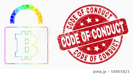 Vector Rainbow Colored Dot Bitcoin Lock Icon and Grunge Code of Conduct Stamp Vector Rainbow Colored Dot Bitcoin Lock Icon and Grunge Code of Conduct Stamp 58905825