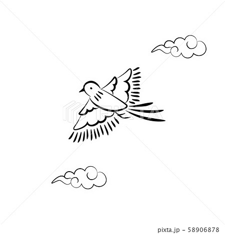 尾長鳥と雲のスケッチ風イラストのイラスト素材
