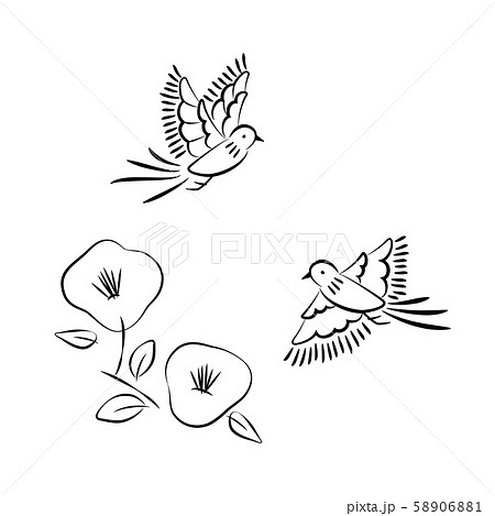 椿の花と尾長鳥のスケッチ風イラストのイラスト素材 5061