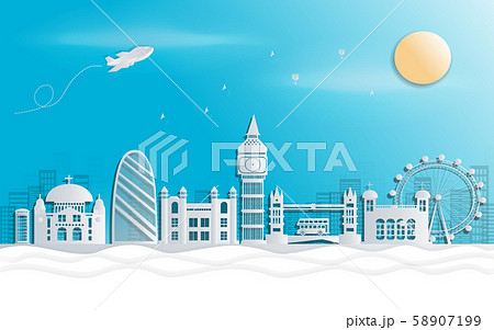 London, England With views of famous landmarks and world-class cities, tourism poster illustrations Paper cutting,Panorama of top world famous landmark of London - vector 58907199