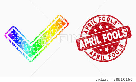 Vector Rainbow Colored Pixel Validated Tick Icon and Scratched April Fools Seal Vector Rainbow Colored Pixel Validated Tick Icon and Scratched April Fools Seal 58910160