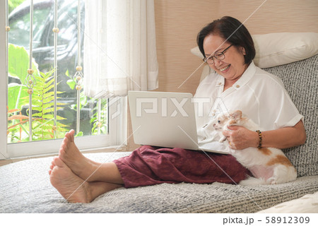 Elderly asian woman sitting on sofa is using laptop.She smiled happily,chihuahua dog sat on side. Elderly asian woman sitting on sofa is using laptop.She smiled happily,chihuahua dog sat on side. 58912309