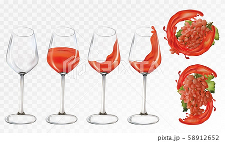 Rose grapes wine in glasses on transparent background. Glasses empty and with wine. Splashes rose 58912652