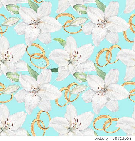 White Lily and wedding rings.Isolated on white background. Watercolor painting. Seamless background White Lily and wedding rings.Isolated on white background. Watercolor painting. Seamless background 58913058