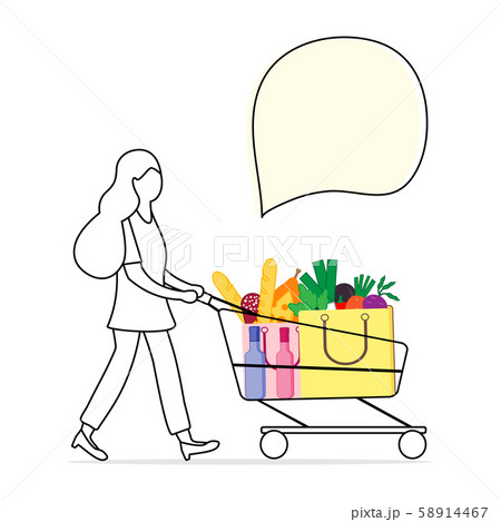 Woman carries shopping cart with food and drinks 58914467