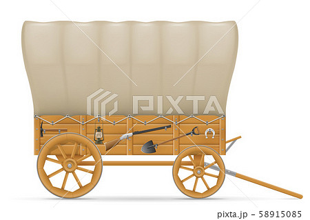 wooden wagon of the wild west with an awning 58915085