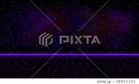 Retrowave purple laser perspective grid with bright horizon line and space nebula on starry 58921131