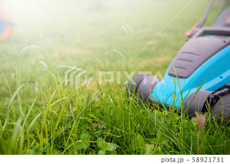 Lawn mower machine in garden. Garden and lawn care theme. Care services area Lawn mower machine in garden. Garden and lawn care theme. Care services area 58921731