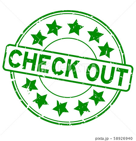 Grunge green check out word with star icon round seal stamp 58926940