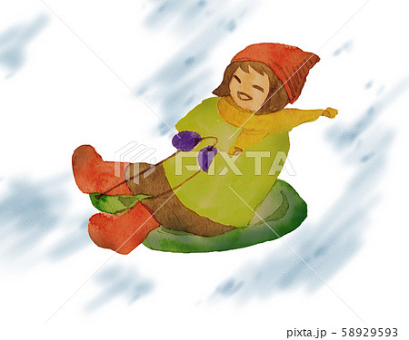 雪そりで遊ぶ女の子 背景付きのイラスト素材