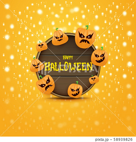 Happy Halloween web wooden board label with Halloween scary pumpkins isolated on orange background 58939826