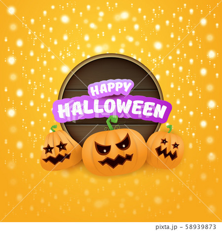 Happy Halloween web wooden board label with Halloween scary pumpkins isolated on orange background 58939873
