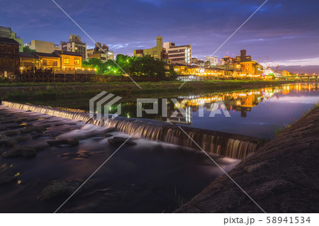 Kamogawa river nearby Gion in sunset 58941534
