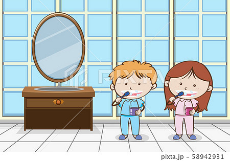 Children Brushing Teeth in Bathroom 58942931
