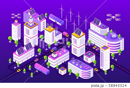 Isometric smart city. Modern futuristic neon town structure, gradient transport and buildings 58943324