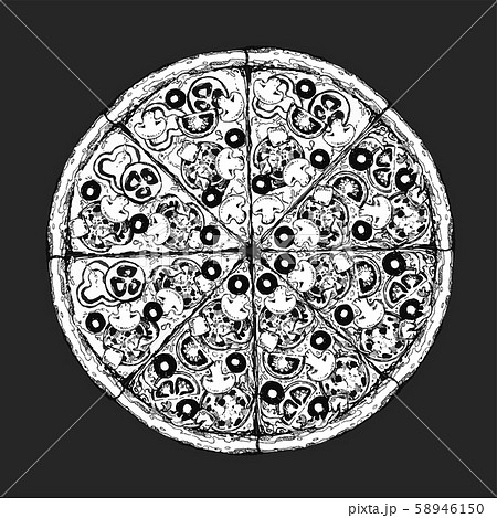 Vector drawing, pizza, table, organic food ingredients. Hand drawn pizza illustration. Great for Vector drawing, pizza, table, organic food ingredients. Hand drawn pizza illustration. Great for 58946150