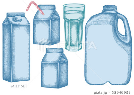 Vector set of hand drawn pastel glass, milk boxes, gallon of milk Vector set of hand drawn pastel glass, milk boxes, gallon of milk 58946935