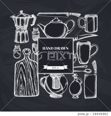 Square design with chalk Chef's knifes, teaspoon, spoon, fork, knife, cutting board, bottle of oil Square design with chalk Chef's knifes, teaspoon, spoon, fork, knife, cutting board, bottle of oil 58946962