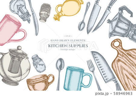 Design with pastel Chef's knifes, teaspoon, spoon, fork, knife, cutting board, bottle of oil 58946963
