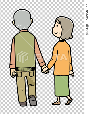 イラスト 高齢者 老夫婦 散歩 背景ナシのイラスト素材