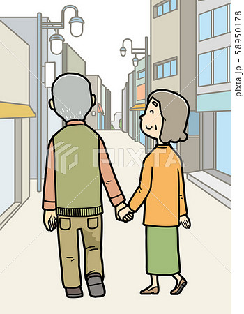 イラスト 高齢者 老夫婦 散歩 背景アリのイラスト素材