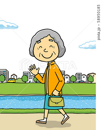 イラスト 高齢者 散歩 おばあちゃん 背景アリのイラスト素材