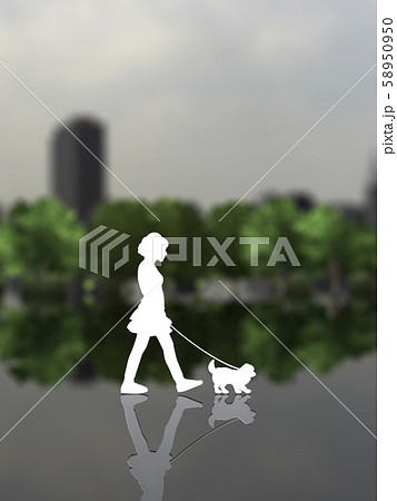 Cg 3d イラスト デザイン シルエット ペット 犬 散歩 街 飼い主のイラスト素材