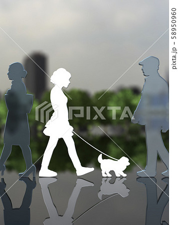 Cg 3d イラスト デザイン シルエット ペット 犬 散歩 街 飼い主のイラスト素材