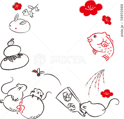 ネズミ 干支 子年 手描き 年賀状 素材 羽子板 餅花 繭玉 梅の花 鯛 鏡餅 雪うさぎ 瓢箪のイラスト素材 5509