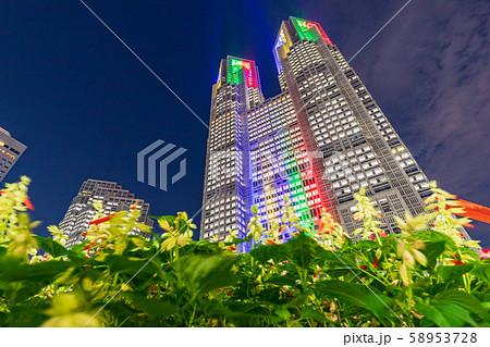 東京都庁　オリンピックカラーライトアップ　夜景 58953728