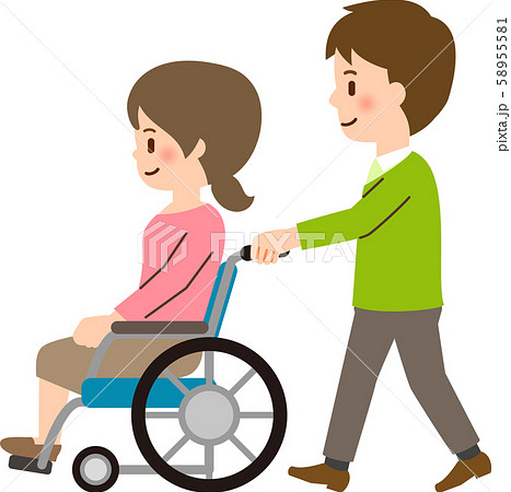 車椅子に座った若い女性と車椅子を押す若い男性のイラスト素材