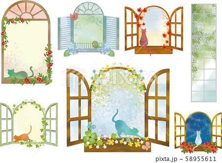 窓 窓枠 窓格子 フレーム 飾り枠 枠 水彩 猫 かわいい 植物 クローバー 木々 風景 夜空 景色のイラスト素材
